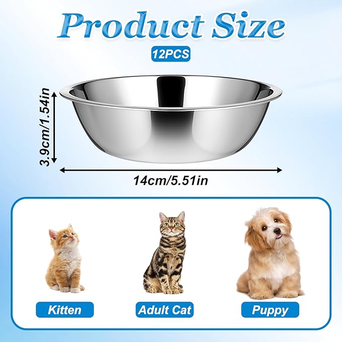 12 PCS Stainless Steel Cat Bowls, 5.5 Inch Metal Cat Bowls Whisker Friendly, Pet Bowl, Replacement Elevated Food Water Dishes for Kitten