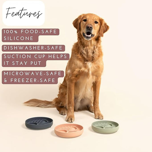The Slowdown Bowl Silicone Slow Feeder for Dogs & Puppies, Slow Eating Modern Lick Mat Design Reduces Gulping, Fits 2 Cups 7.5” Across x 1.5” Tall, Mealtime Challenge, Medium-Blush