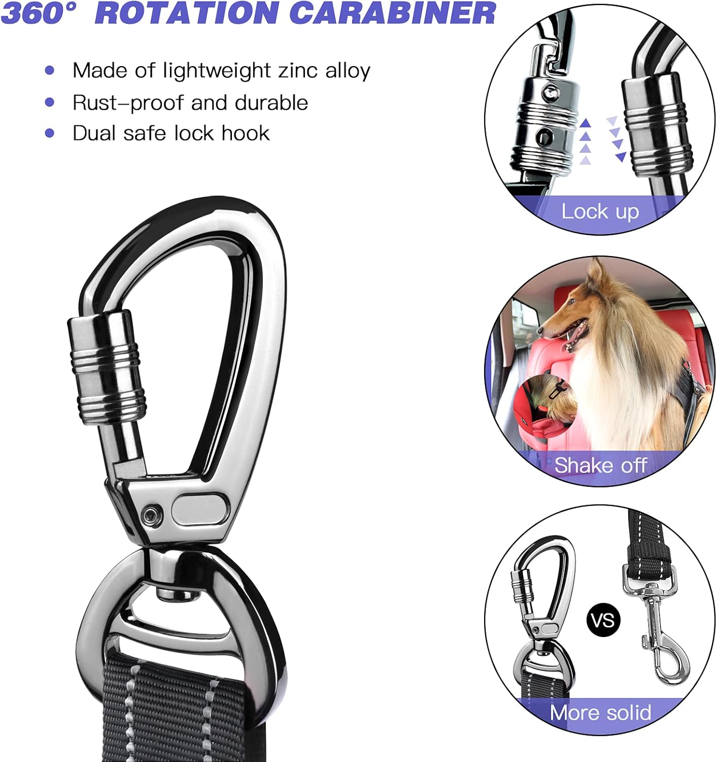 AUBELL Dog Seat Belt for Car,2 Pack Set 3-in-1 Adjustable Reflective Bungee Heavy Duty Dog Car Harness Tether with Clip Hook Latch & Buckle,Swivel Zinc Alloy Carabiner,Black+Black