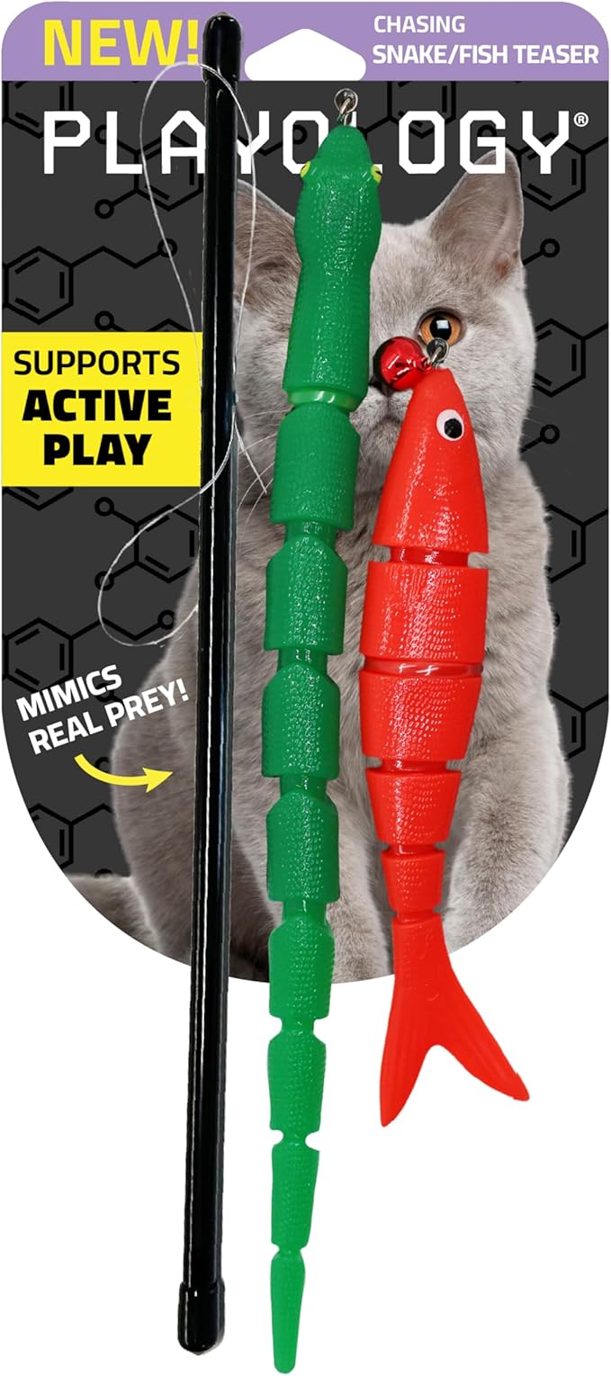 Playology Cat Toy Snake and Fish Teaser | Interactive Toy with Jingle Bells and Interchangeable Lures That Supports Active Play | Perfect for Active Indoor Cats