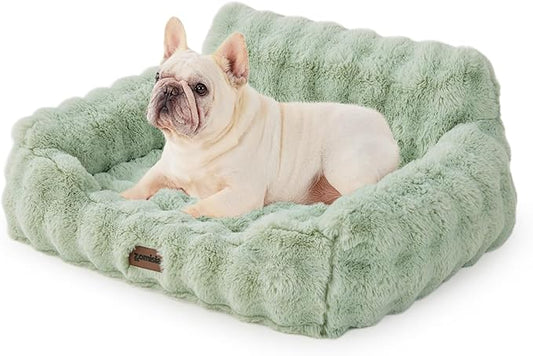 Orthopedic Cat Couch Bed for Indoor Cats, Cute Small Dog Sofa with Supportive Egg Foam, Fluffy Faux Fur Removable Washable Cover and Non-Slip Bottom, Sage Green