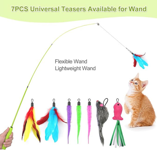 ChicWow Interactive Retractable Cat Wand & Hanging Toys for Cats - 2 Wands, 2 Hanging, 7 Teaser Cat Toys for Indoor Adult Cats Kitten, Includes Feather, Mouse, Fish, Worm, 1 Spare Elastic Rope