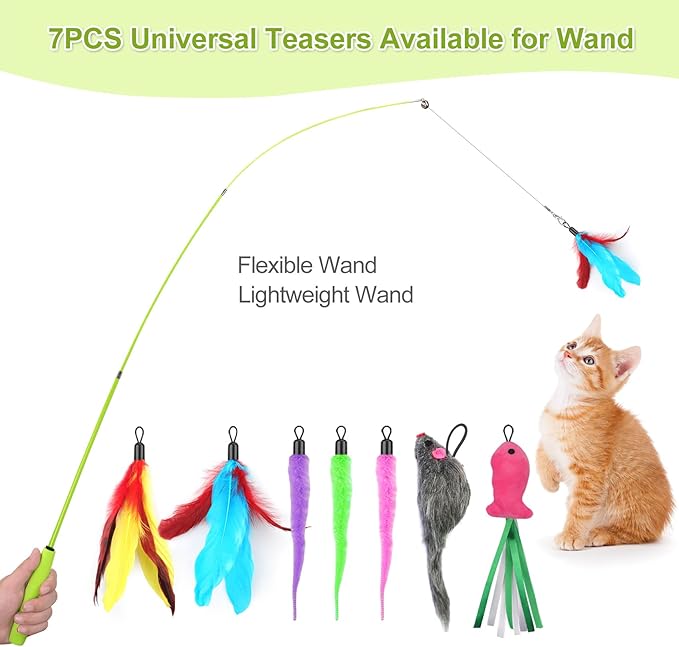 ChicWow Interactive Retractable Cat Wand & Hanging Toys for Cats - 2 Wands, 2 Hanging, 7 Teaser Cat Toys for Indoor Adult Cats Kitten, Includes Feather, Mouse, Fish, Worm, 1 Spare Elastic Rope