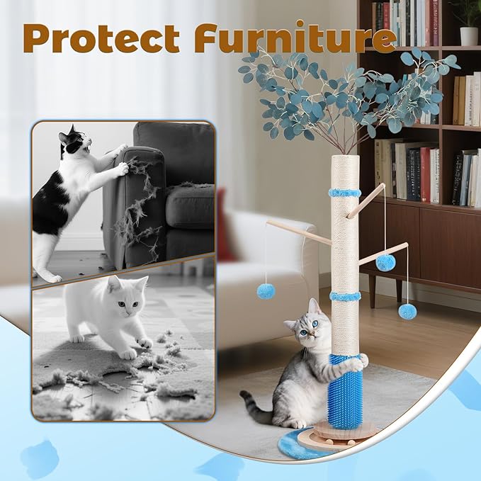 EMUST 45" Tall Cat Scratching Posts for Indoor Cats, Large Bold Ocean- Themed Cat Scratcher Post with Sturdy Solid Wood Base Self Groomer Brush for Kittens Adults Cats Protect Your Furniture