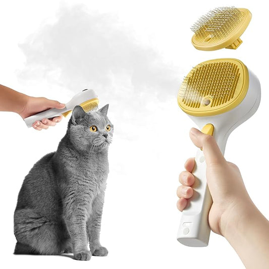 FURGO 3-in-1 Pet Steam Brush for Dogs & Cats – Reduces Static, Short-Pin Head for Short Hair, One-Click Release Button, Dog Spray Brush for Shedding Control (Short)