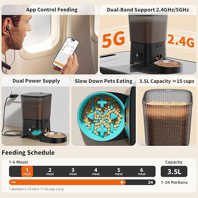 HoneyGuaridan Automatic Cat Feeder, 5G WiFi Cat Food Dispenser with App Control, Timed Feeder with Stainless Steel Bowl and Slow Bowl, Desiccant Bag