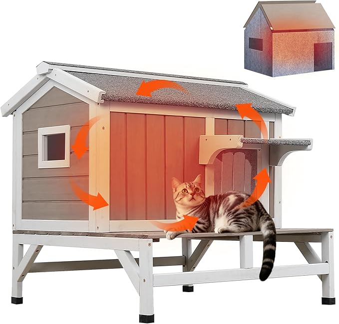 Insulated Cat House Outdoor with Balcony All-Round Insulation Weatherproof Outside Feral Cat Shelter for Winter, Wooden Pet House with Raised Base and Openable Roof for Cats & Small Animals