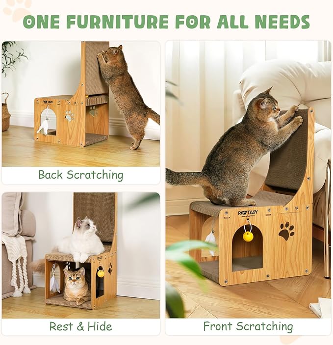 Cat Scratcher Pad for Indoor Cats, Cardboard Scratching Post Cat Scratch & Hideout with Box and Toy, Vertical Kitten Scratching Board House, Ideal for Cat to Scratch, Rest and Play