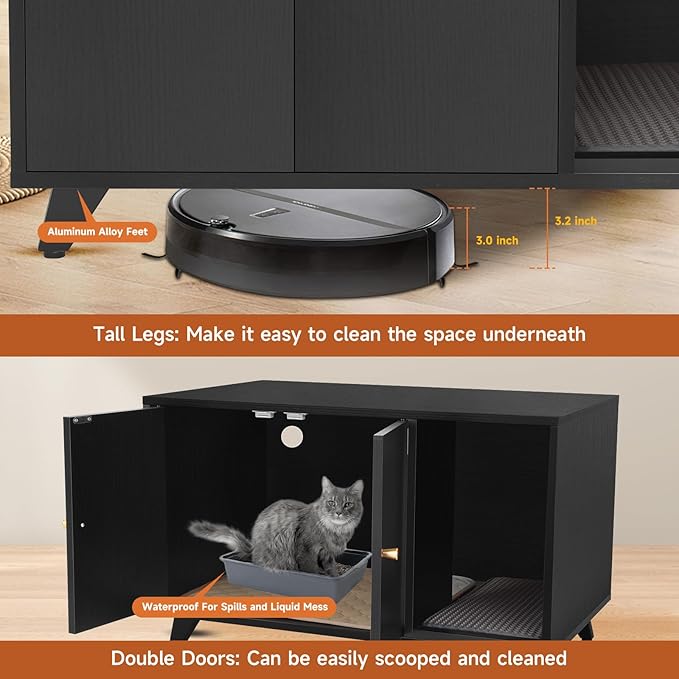 Cat Litter Box Enclosure, Hidden Litter Box Furniture Washroom Storage Cabinet, Modern Cat House with Scratche Pad (Black)