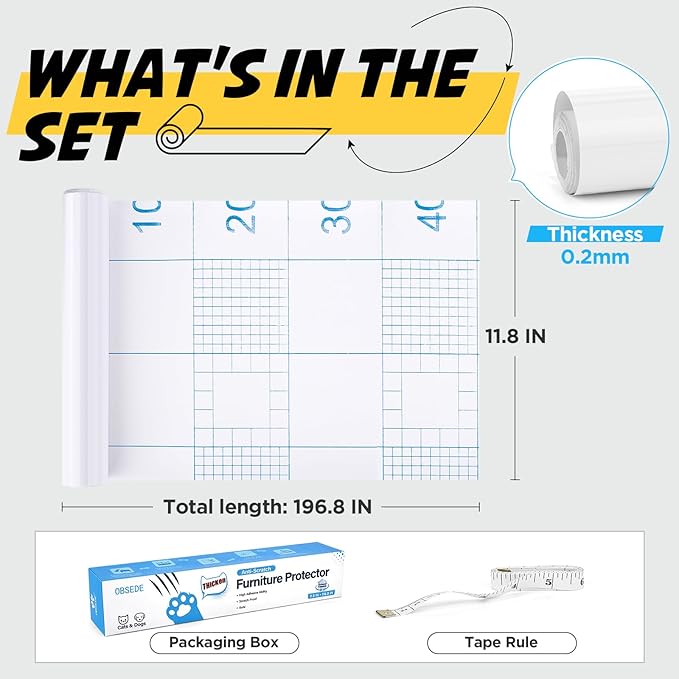 OBSEDE Cat Scratch Furniture Protector Roll, 0.2mm Extra Thick Clear Shield, Single-Side Adhesive Guard for Couch & Sofa Corners, Pet Deterrent Training Tape, 11.8 x 196.8 inch for Happy Pet Homes