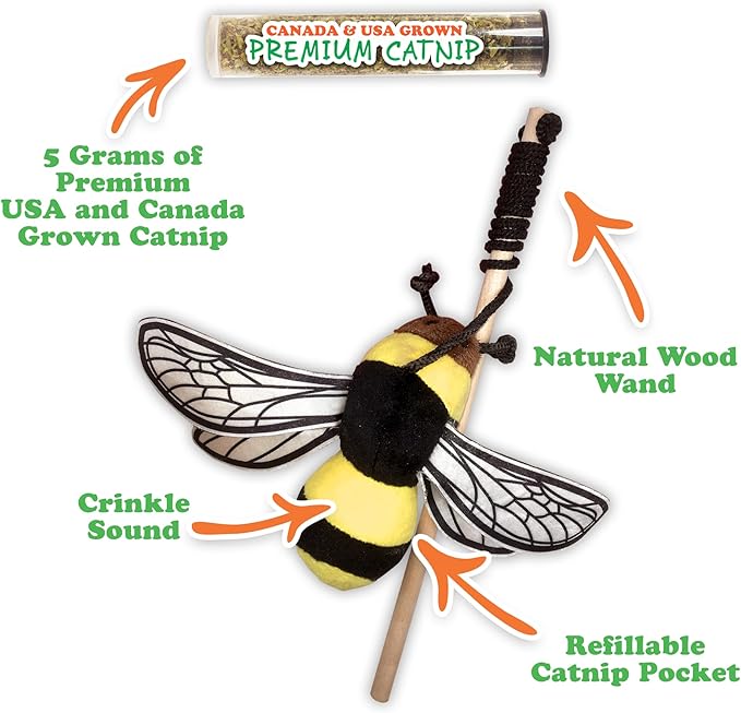Meowijuana Honey Bee Bundle | Get Buzzed Honey Bee Wand Toy and Honeysuckle Haze Catnip Blend | Promotes Play and Cat Health | Includes North American Organic Catnip