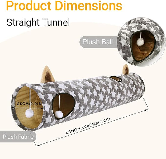 LUCKITTY Cat Tunnel -Straight-Shaped, Gray Star Pattern, Soft Velvet Exterior, Oxford Fabric Fog-Proof Interior, Plush Toy Ball, Easily Washable, Conveniently Foldable, 47.2in/120cm