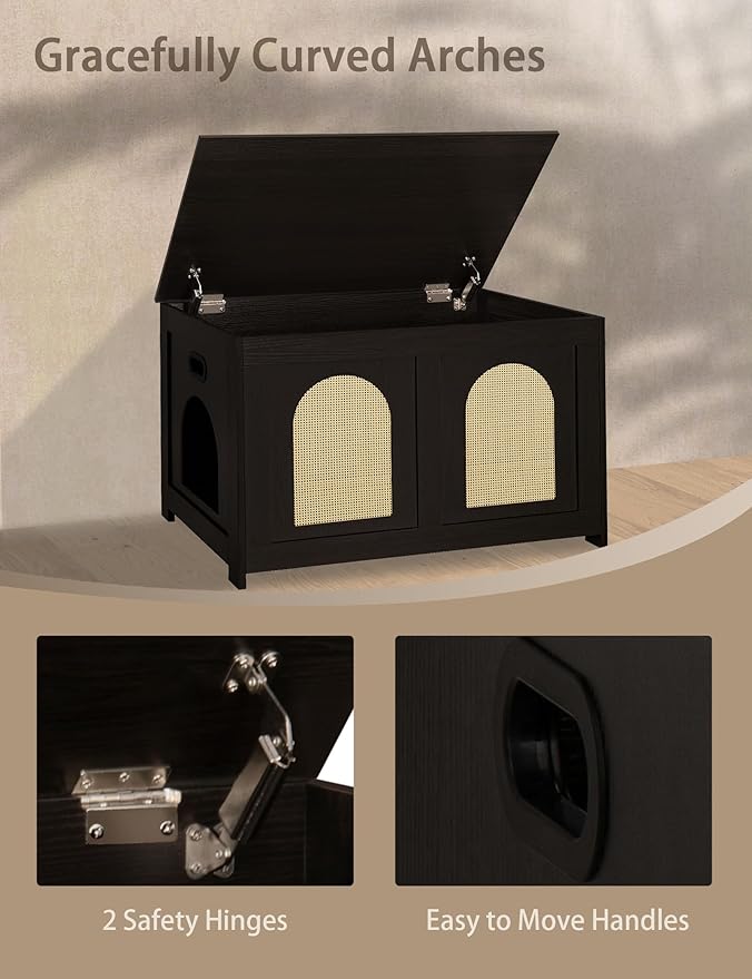 DINZI LVJ Cat Litter Box Enclosure, Flip Top Litter Box Furniture, Rattan-Like Hidden Cat Washroom, Wooden Pet House, End Side Table, 31.5"L x 19.7"W x 19.7"H, Easy to Assemble, Espresso with Rattan