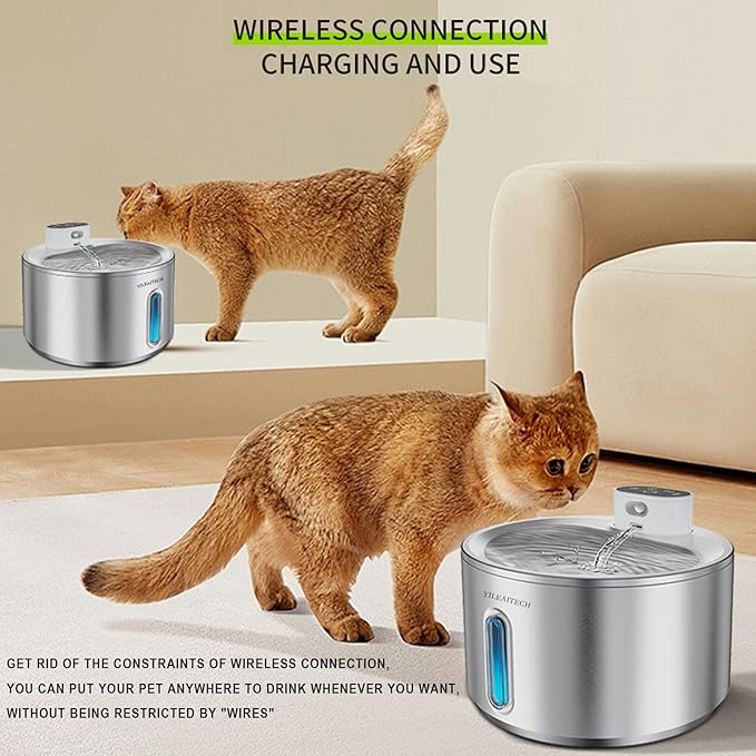 Wireless Cat Water Fountain Stainless Steel, 135oz/4L Cat Fountain, Battery Operated, Cordless Pet Water Fountain for Cats & Dogs with Motion Sensor, Ultra Quiet Pump, 12 Filters (SS, 4L)