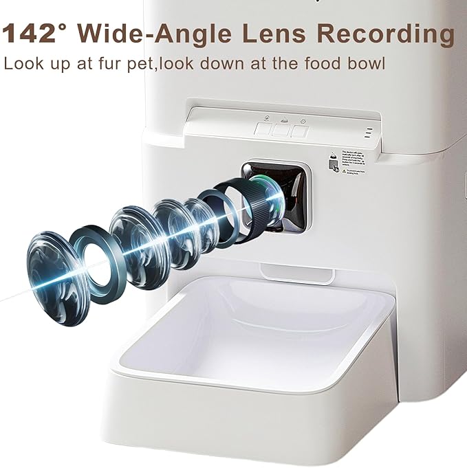 Automatic Pet Feeder, White 6L Cat Food Dispenser, Supports 5G & 2.4G, with 1080P HD Night Vision 142° Camera, APP Remote Control, Customizable Portion Sizes, Low Food & Motion Alerts