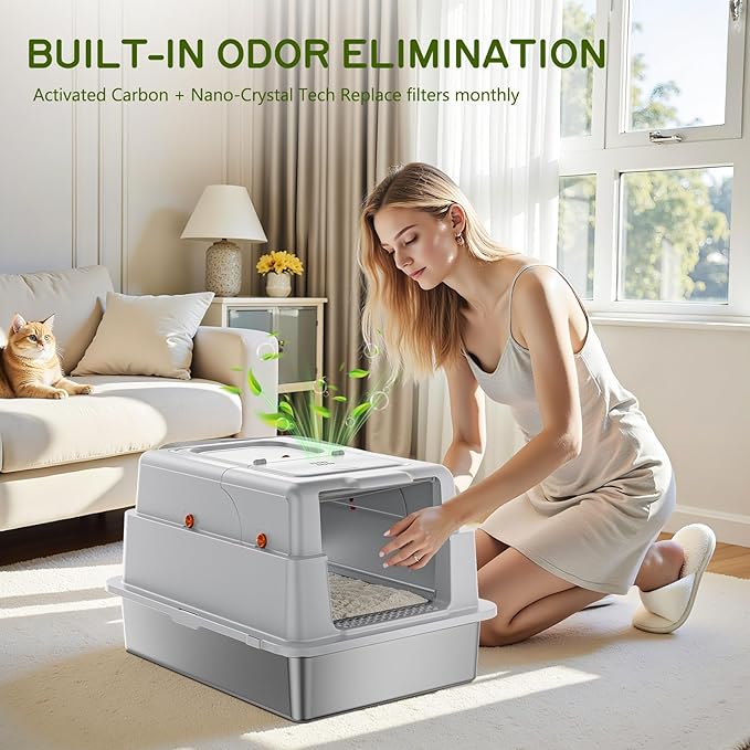 Stainless Steel Litter Box with Lid, 28" XXXL Large Cat Litter Box Enclosure for Multiple Cats, Odor Control with Carbon Filters, Anti-Leak High Sided, Includes Removable Lid & Scoop Light Gray