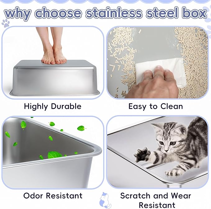 Stainless Steel Cat Litter Box with Lid,Large Litter Box with Side Entrance,Kitty Litter Pan High Sided,Anti-Urine Leakage,Easy to Clean,Included Scoop,Litter Mat&Fish Toys,Brush