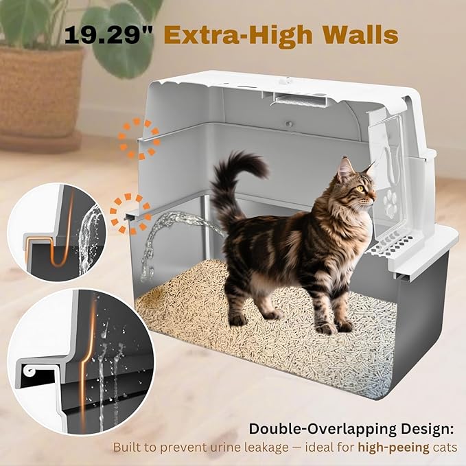 XXXXL Jumbo Stainless Steel Litter Box with Lid for Maine Coon, 28" L x 20" W x 19" H Extra Large Stainless Steel Cat Litter Box for Big Cat and Multi-Cats Families,Non-Sticky, Anti-Leakage