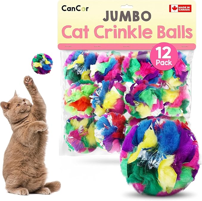 Jumbo Cat Crinkle Ball Toy – 12-Pack of 3.5" Interactive Indoor Kitten & Cat Toy – Soft, Sparkle, Lightweight, Safe for Play–Irresistible Crinkly Sound for Active, Suitable for Larger Cats