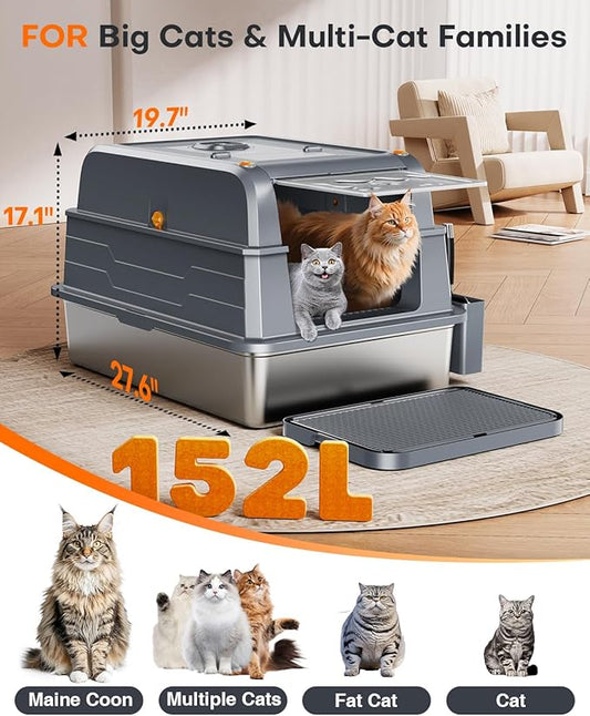 PetGenie® 2025 XXXL Stainless Steel Cat Litter Box (152L) - Leak-Proof for High Pee Cats, 180° Flip Top Lid & 3-in-1 Modes, Fits Maine Coon/Multi-Cat Homes w/Metal Scoop & Charcoal Filter