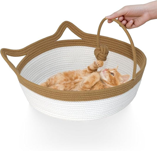 Cotton Rope Woven Cat Bed, Pet Sleeping Bed with a Playing Rope Ball, Foldable Sleeping Basket for Cats, Puppies, Rabbits and Small Pets (Large, Brown & Beige)