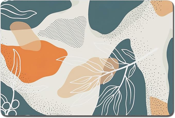 Rnivvi Dog Food Mat, 12" x 19" Boho Absorbent Dog Cat Bowl Mat for Food and Water, Cute Anti-Slip Rubber Pet Feeding Rug Protect Floors, Puppy Placemat for Feeding & Watering Supplies, Abstract Leaves