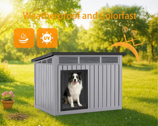 VIXZEN Dog House Indoor Outdoor,Waterproof Dog House for Small to Large Dogs,Doghouse with Air Vents and Elevated Floor,Openable at The Top,Easy to Assemble and Clean,Gray,42.87"×32.95"×31.61"