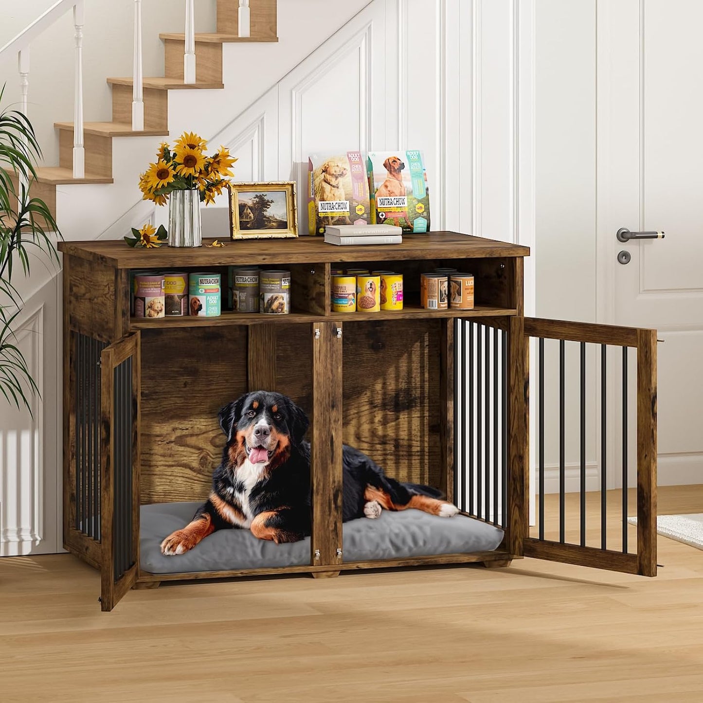 Furniture Dog Crate for 2 Dogs, 41 Inch Dog Kennel Furniture with Removable Divider and Shelf Storage, Wooden Dog Crate for Small/Medium Dogs, Rustic Brown