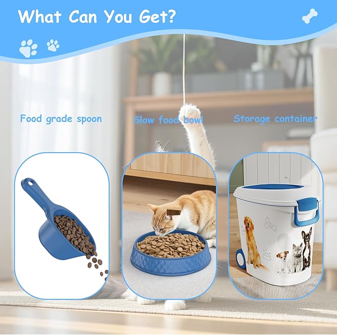 Pet Food Storage Container with Scoop & Slow Feeder Bowl – 40LB Large Capacity Dog Cat Food Dispenser, Durable Resin Dry Kibble Keep Food Fresh Organizer for Dogs Cats Birds, Blue