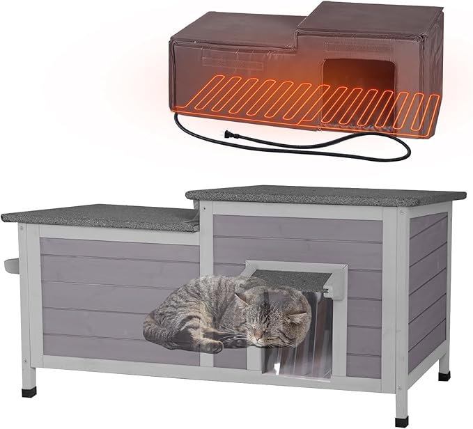 Heated Insulated Cat House Outdoor for Winter, Feral Cat Shelter with Weatherproof Asphalt Roof Outside, Kitty Home to Keep Cats Warm