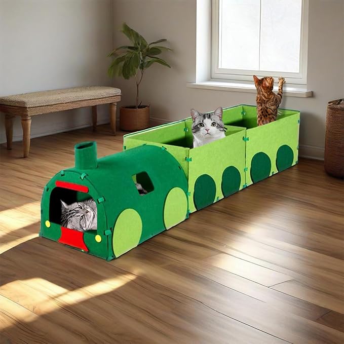Cat Tunnel Train with Scratching Board, Cat Interactive Toys 51" Non-Foldable Rebound Felt Cute Pet Tube Round Indoor Pet Toy & Hideout for Small Medium Kitten
