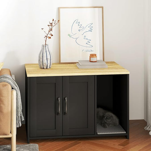 Cat Litter Box Enclosure, Hidden Litter Box Furniture with 2 Doors,Wooden Cat Washroom Indoor, Freestanding Cabinet for Living Room,Hallway,Black