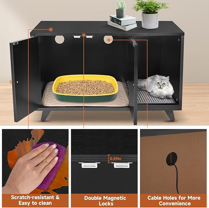 Cat Litter Box Enclosure, Hidden Litter Box Furniture Washroom Storage Cabinet, Modern Cat House with Scratche Pad (Black)