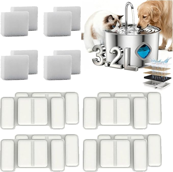 3.2L/108oz Stainless Steel Dog Water Fountain, Automatic Pet Water Bowl Dispenser with Quadruple Filtration (Dog/Cat Water Fountain Filter, 8 Filters + 4 Water Pump Cotton)