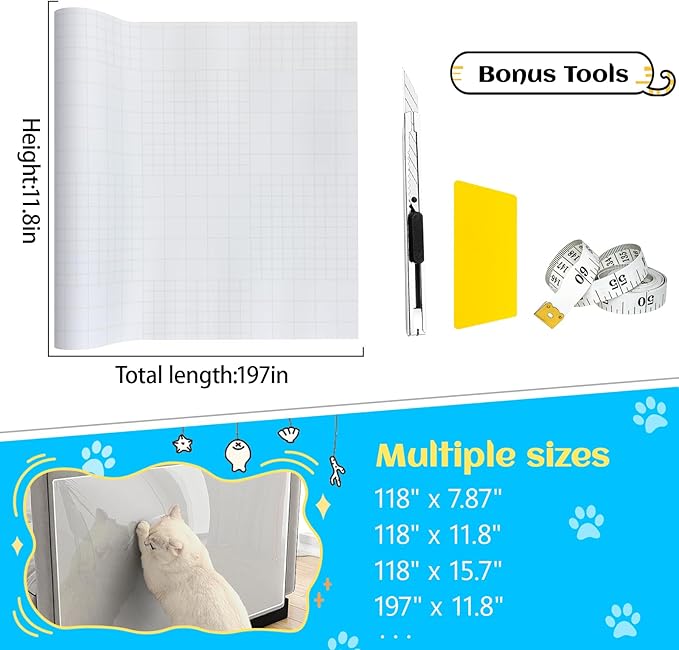 Anti Cat Scratch Furniture Protector, Couch Scratch Protector from Cats, Furniture Protectors from Cats for Couch, Walls, Doors with Pocket Knife, Scraper, Tape(11.8" x 197")