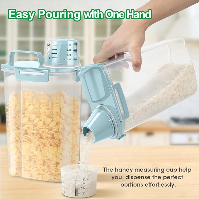 TBMax Rice Container Cereal Storage Container 2 Pack 5 Lbs, Plastic Kitchen Pantry Food Storage Container with Cup, Small Pet Dog Cat Food Dispenser -Blue