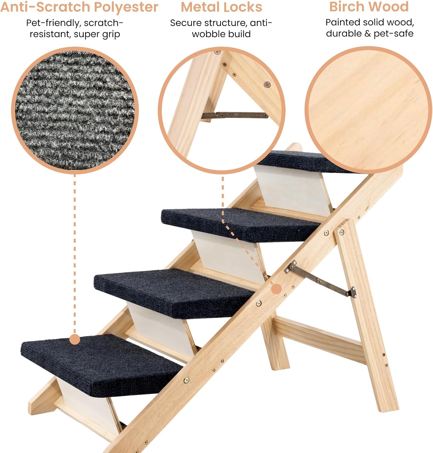 MEWANG Wood Pet Stairs & Ramp for Small/Medium Dogs and Cats, Aging Pets – 3-in-1 Foldable, Portable, Non-Slip Pet Ladder for Tall Beds, Couches,Cars–Holds Up to 220 lbs (31.5" L x 17.2" W x 25.0" H)