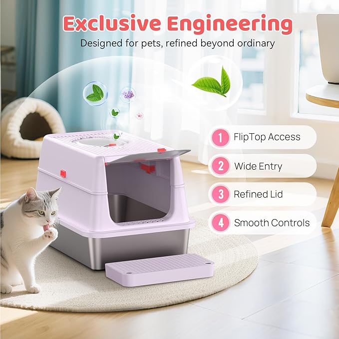 Stainless Steel Cat Litter Box with Lid, 180° Flip Top Kitty Litterbox, XL High Sided Enclosure Litter Pan for Big Cats, Front & Top Entry, Anti-Leakage, Odor-Free, Easy Clean, Includes Scoop Mat