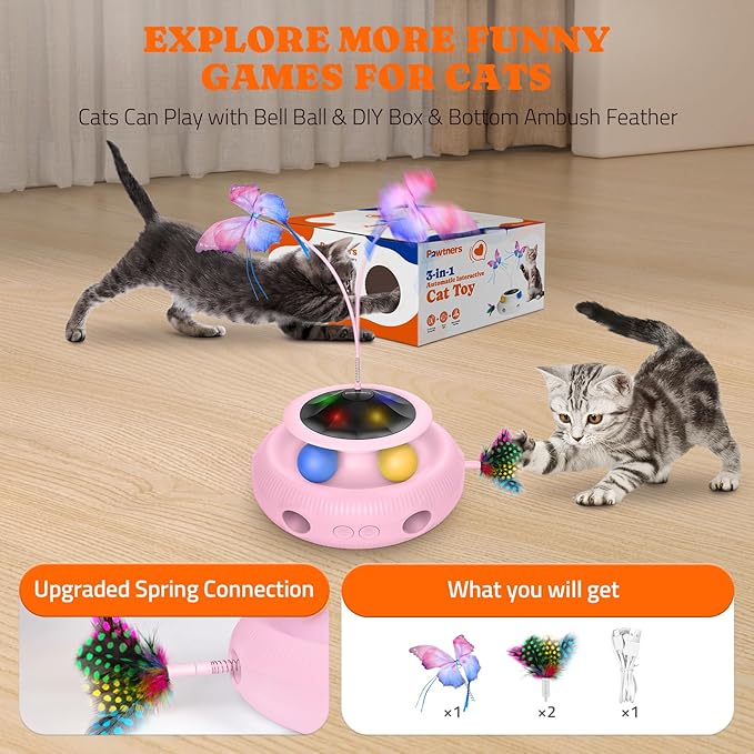 Interactive Cat Toy: 3 in 1 Automatic Cat Toy for Indoor Cats, Electric Kitten Toy with Rechargeable Battery, Self Play Kitty Toys with Rotating Fluttering Butterfly,Track Ball and Ambush Feather,Pink