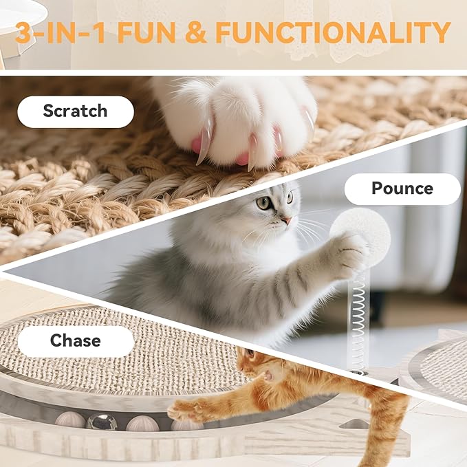 Cat Scratcher Board with Natural Sisal, Interactive Cat Track Toy with Spring Ball – Durable Kitten Scratching Pad for Indoor Cats, Kitty Wooden Cat Toy Stress Relief & Fun Exercise