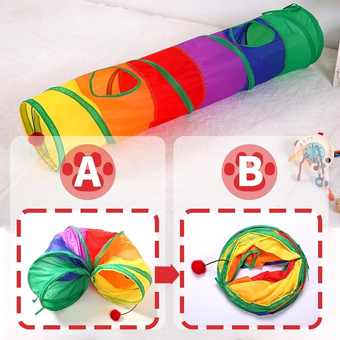 ‌Coolcandy Cat Tunnel & Interactive Cat Toy Indoor, Long Straight Through Tunnel Toys for Indoor Cats, Collapsible Interactive Peekaboo Cave with Play Ball, for Multi-Way Play & Small Animals