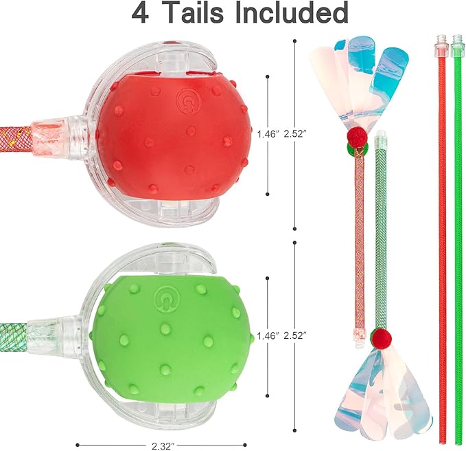 Red & Green Interactive Cat Toy Ball Combo – Automatic Agile Moving Cats Toys with 4 Tail Accessories, Bird Chirping & Motion Activated, Kitten Balls for Multi-Cat Households