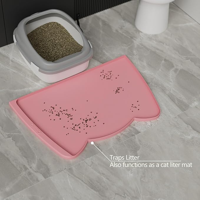 OHMO Dog Food Mat(Pink, 24 * 15'') w/Residue Collection Pocket Silicone Pet Feeding Mat for Floor High Edges Anti Spills Waterproof Cat Water Bowl Tray, Easy Clean Placemat