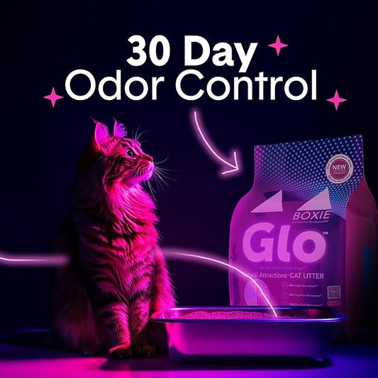 Boxie® Glo™ 30 Day Odor Control Clumping Clay Cat Litter, 28lb, Multi-Cat, 99.9% Dust-Free, Low Tracking, UV Light Attractant, Superior Clumping for Easy Scooping