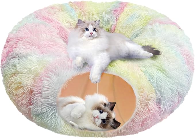 Cat Tunnel Bed with Furry Soft Mat,Cat Donut Tunnels for Indoor Kitten Large Cats to Chase and Play, Peekaboo Tube Cat Cave Toys,Foldable & Easy to Store,Diameter 31.5" (Rainbow Color)