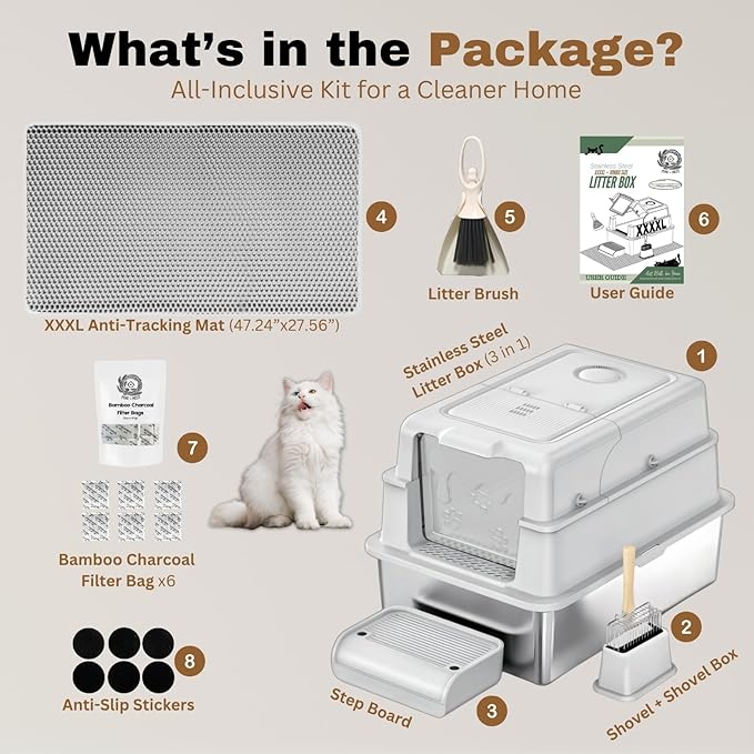 XXXXL Jumbo Stainless Steel Litter Box with Lid for Maine Coon, 28" L x 20" W x 19" H Extra Large Stainless Steel Cat Litter Box for Big Cat and Multi-Cats Families,Non-Sticky, Anti-Leakage