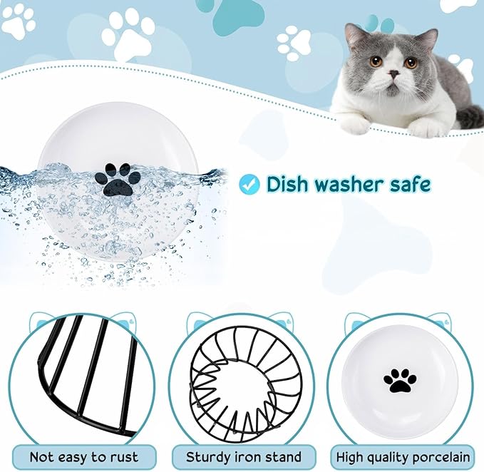 Roshtia 4 Sets Elevated Cat Bowls Ceramic Raised Cat Food Bowls with Metal Stand Dishwasher Safe Dishes Non Slip Elevated Food Plate(Black, Green,Fishbone, Paw)