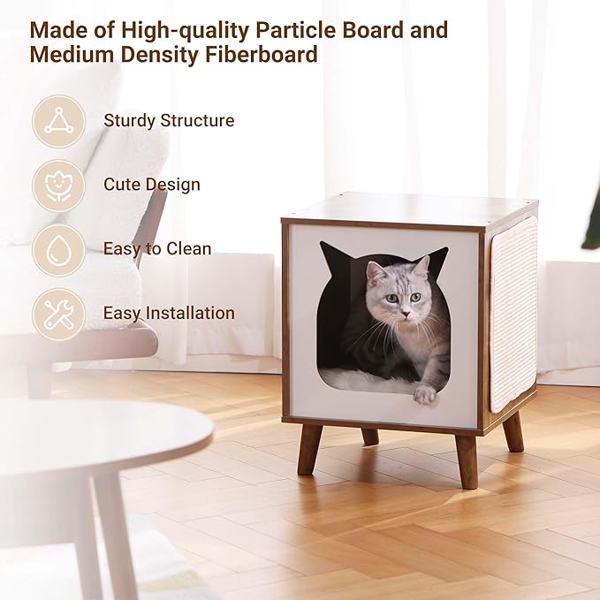 Cat House Wooden Cat Condo Cube Shaped,Modern Cat Bed Side Table & Nightstand,Cat Shelter Furniture with Cushion Cat Scratch Pad,Brown