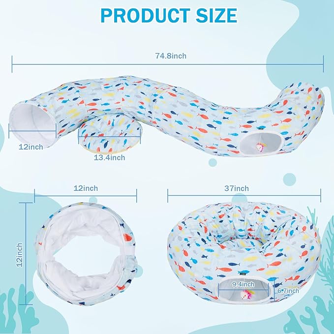 Ownpets Large Cat Tunnel Bed for for All Seasons, S-Shaped Soft Cat Donut Tunnel with Washable Cushion, Round Pet Pet Play Tunnel Toy for Kitten, Puppy, Rabbit, Blue