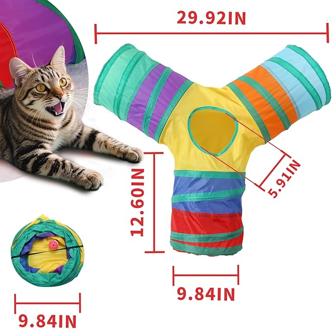 ‌Coolcandy Cat Tunnel & Interactive Cat Toy Indoor, Y-Shape 3-Way Tunnel Toys for Indoor Cats, Collapsible Interactive Peekaboo Cave with Play Ball, for Multi-Way Play & Small Animals